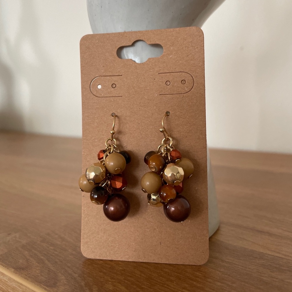 Beaded Dangle Earrings - Brown and Gold